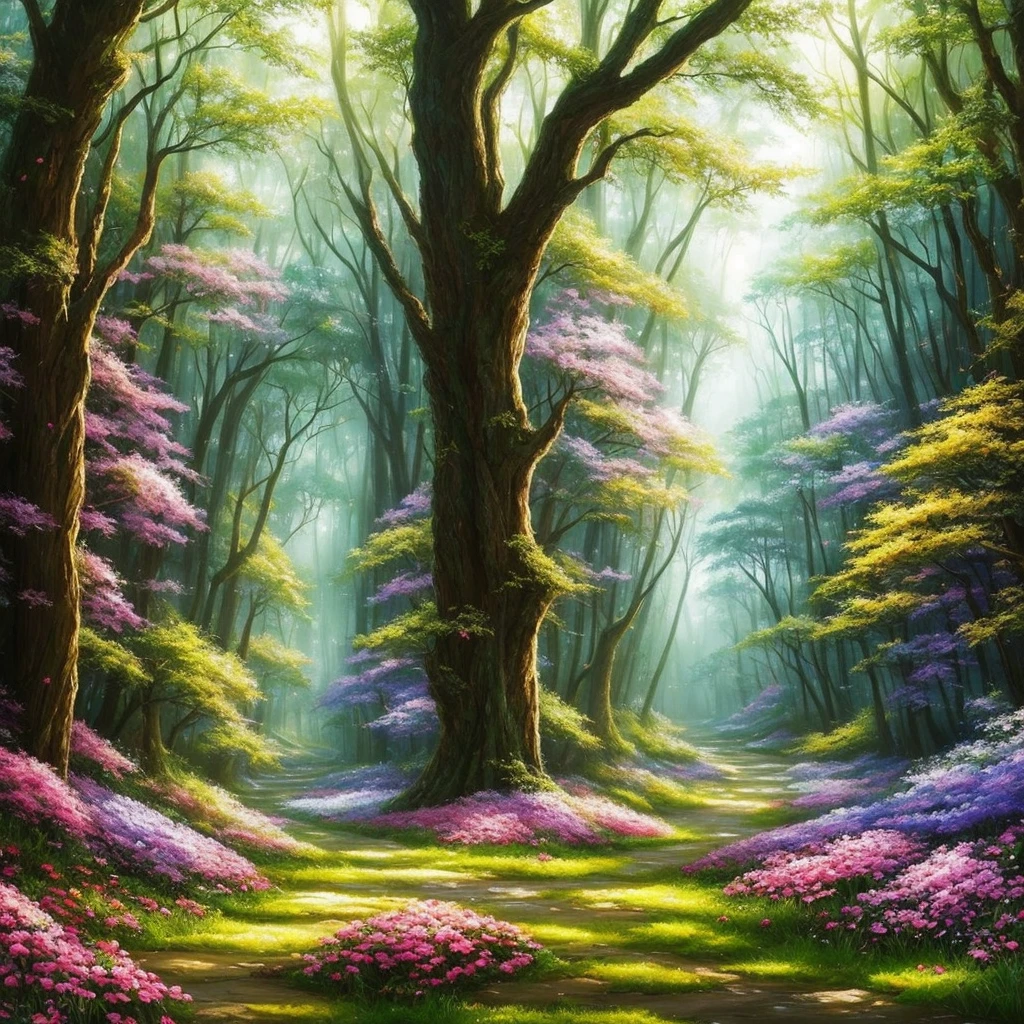 a painting of a forest with flowers and trees, concept art by Arthur Pan, trending on cgsociety, fantasy art, enchanted magical fantasy forest, magic fairy forest, magical fantasy forest, enchanted and magic forest, in a magical forest, fairytale forest, magical forest, very magical and dreamy, fairy forest, magic forest, in the magical forest, fantasy forest