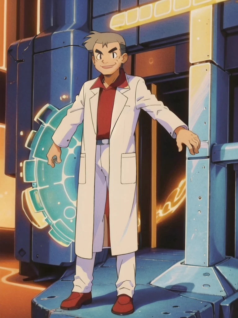 (antiTech, scifi, energy), samuel_oak, upper body, 1boy, solo, (extremely detailed CG unity 8k wallpaper), (masterpiece), (best quality), (ultra-detailed), (best illustration), (best shadow), (absurdres) , labcoat, red shirt,smile
