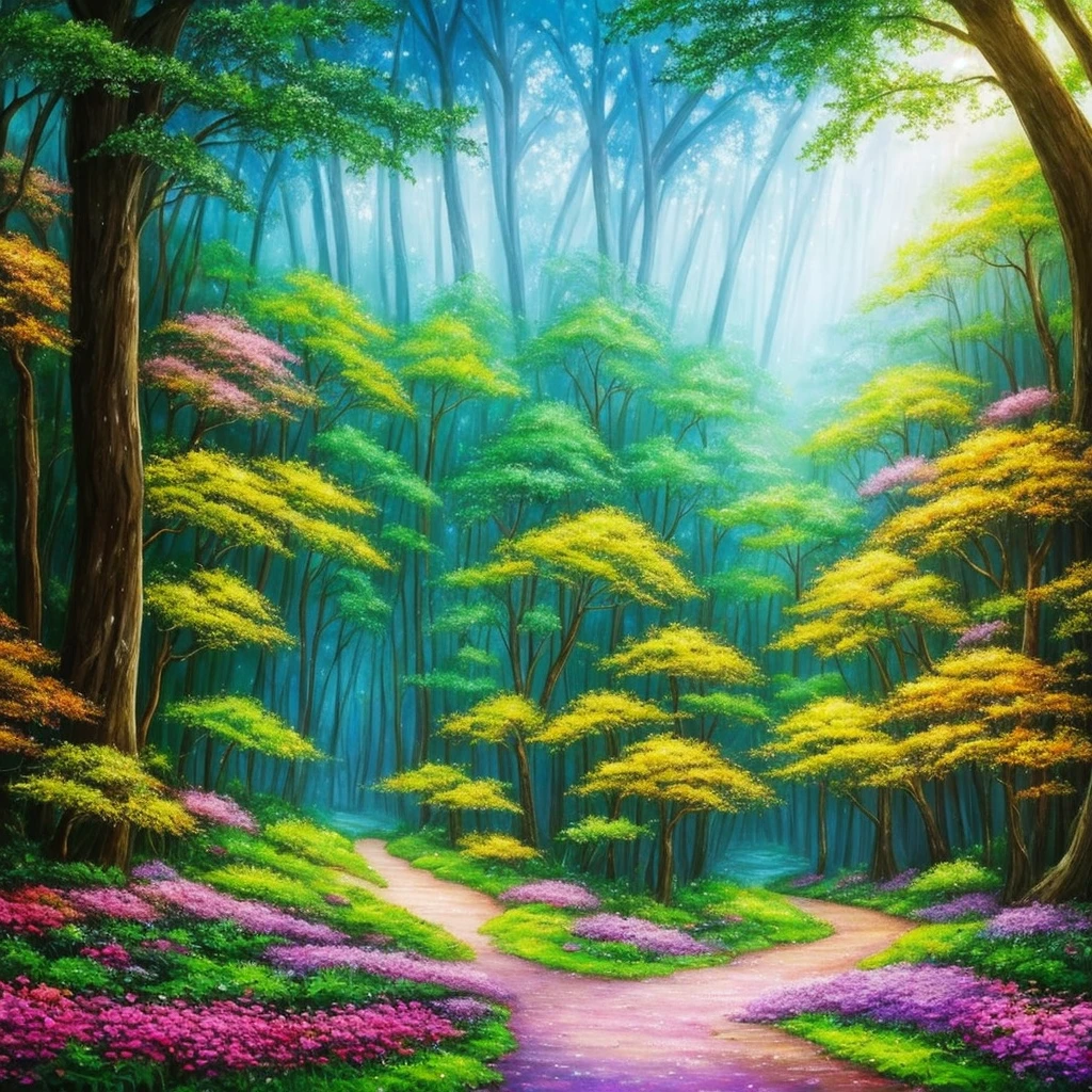 a painting of a forest with flowers and trees, enchanted magical fantasy forest, magic fairy forest, magical fantasy forest, enchanted and magic forest, in a magical forest, fairytale forest, magical forest, very magical and dreamy, fairy forest, magic forest, in the magical forest, fantasy forest, enchanted forest, magical environment, lush fairy forest, magical forest in the background