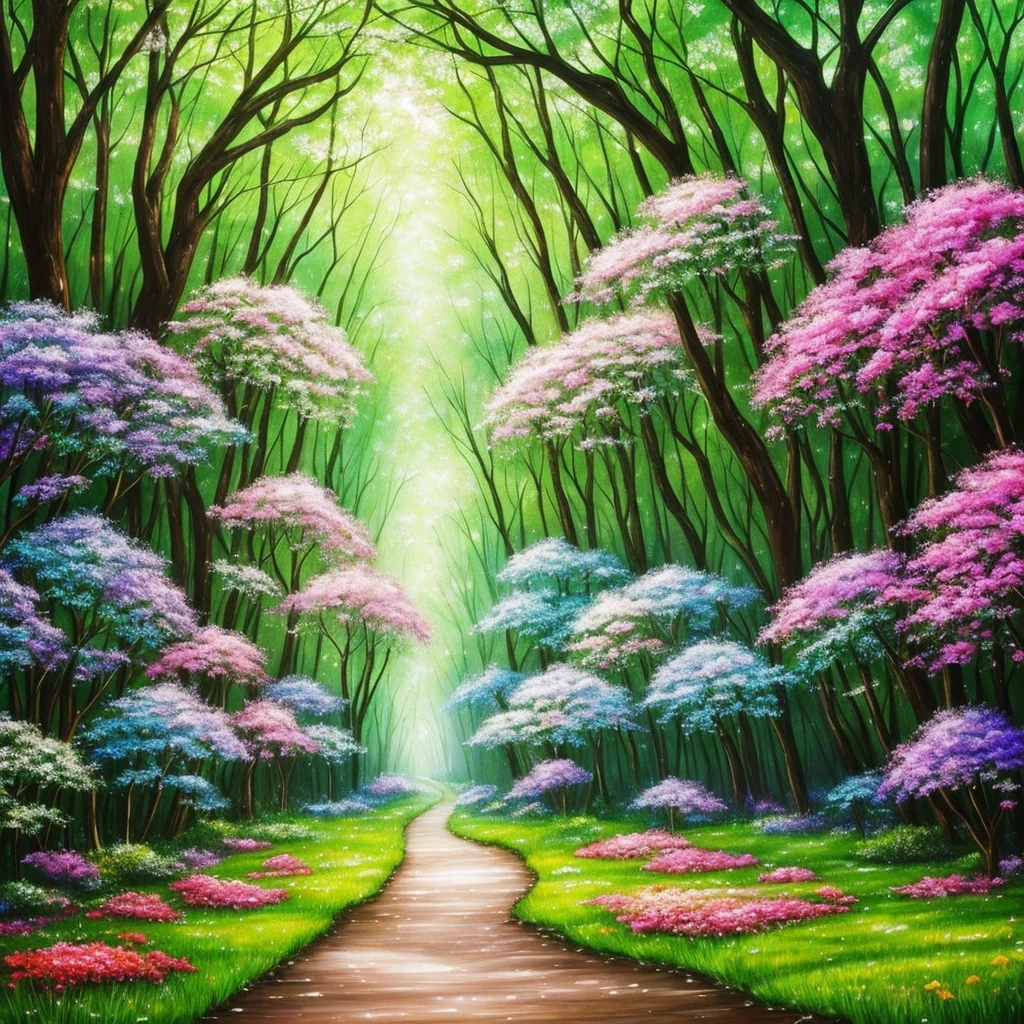 a painting of a forest with flowers and trees, enchanted magical fantasy forest, magic fairy forest, magical fantasy forest, enchanted and magic forest, in a magical forest, fairytale forest, magical forest, very magical and dreamy, fairy forest, magic forest, in the magical forest, fantasy forest, enchanted forest, magical environment, lush fairy forest, magical forest in the background