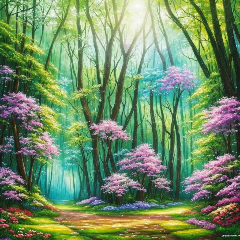 a painting of a forest with flowers and trees, enchanted magical fantasy forest, magic fairy forest, magical fantasy forest, enchanted and magic forest, in a magical forest, fairytale forest, magical forest, very magical and dreamy, fairy forest, magic forest, in the magical forest, fantasy forest, enchanted forest, magical environment, lush fairy forest, magical forest in the background
