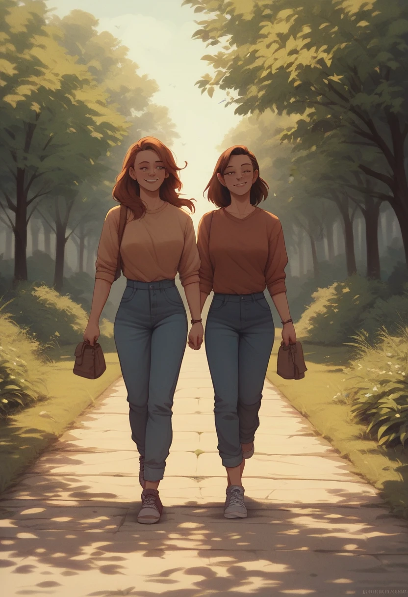 2girls, walking together, outdoors, Karlach and Shadowheart, happy, relaxed