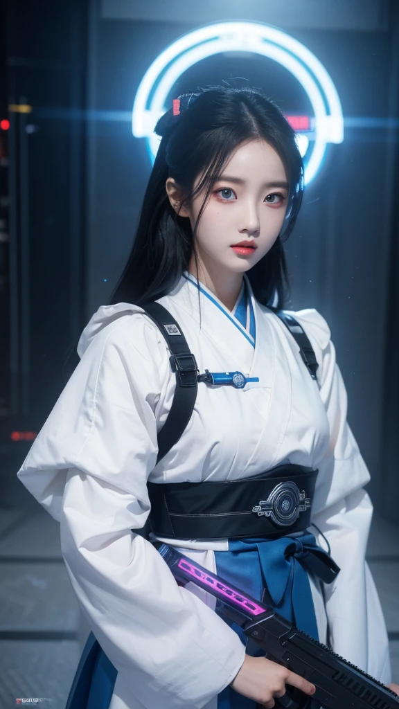 Girl, traditional hanbok, holding plasma rifle, futuristic plasma rifle, contrast between traditional and futuristic, determined expression, confident pose, beautiful detailed eyes, beautiful detailed lips, extremely detailed face, longeyelashes, hyperrealistic, 8k, photorealistic, cinematic lighting, dramatic lighting, vibrant colors, intricate details, masterpiece, digital painting