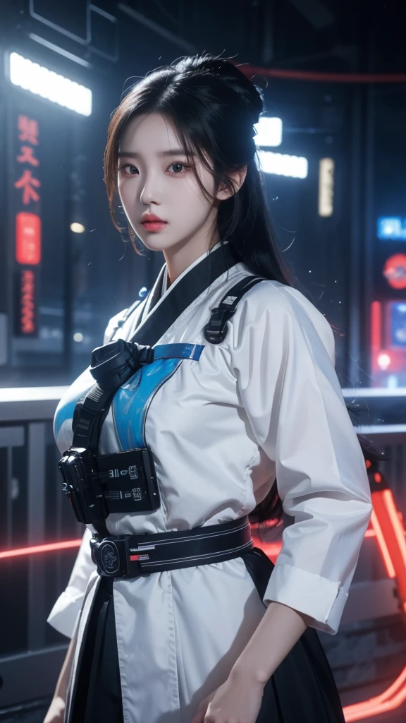 Girl, traditional hanbok, holding plasma rifle, futuristic plasma rifle, contrast between traditional and futuristic, determined expression, confident pose, beautiful detailed eyes, beautiful detailed lips, extremely detailed face, longeyelashes, hyperrealistic, 8k, photorealistic, cinematic lighting, dramatic lighting, vibrant colors, intricate details, masterpiece, digital painting