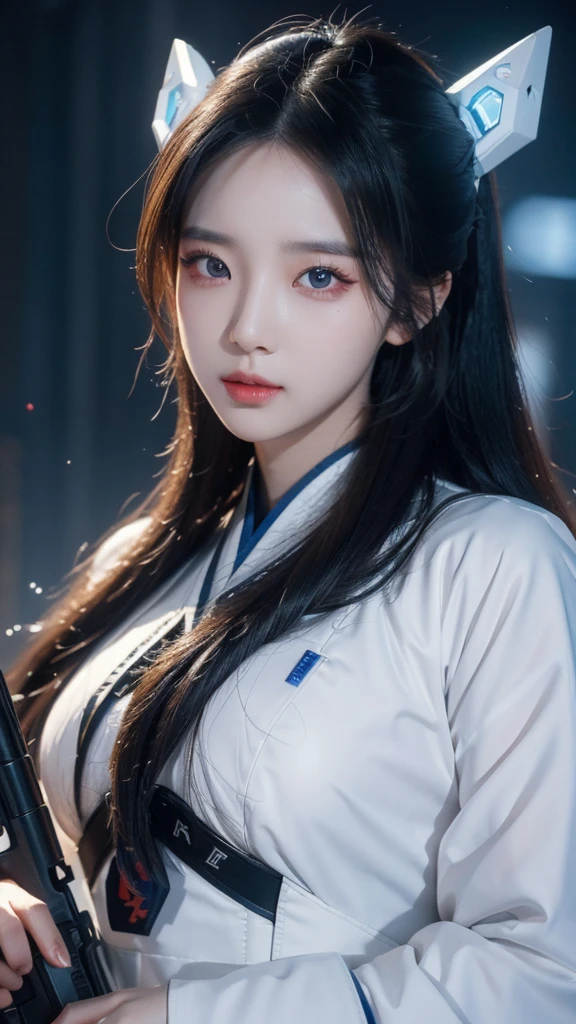 Girl, traditional hanbok, holding plasma rifle, futuristic plasma rifle, contrast between traditional and futuristic, determined expression, confident pose, beautiful detailed eyes, beautiful detailed lips, extremely detailed face, longeyelashes, hyperrealistic, 8k, photorealistic, cinematic lighting, dramatic lighting, vibrant colors, intricate details, masterpiece, digital painting