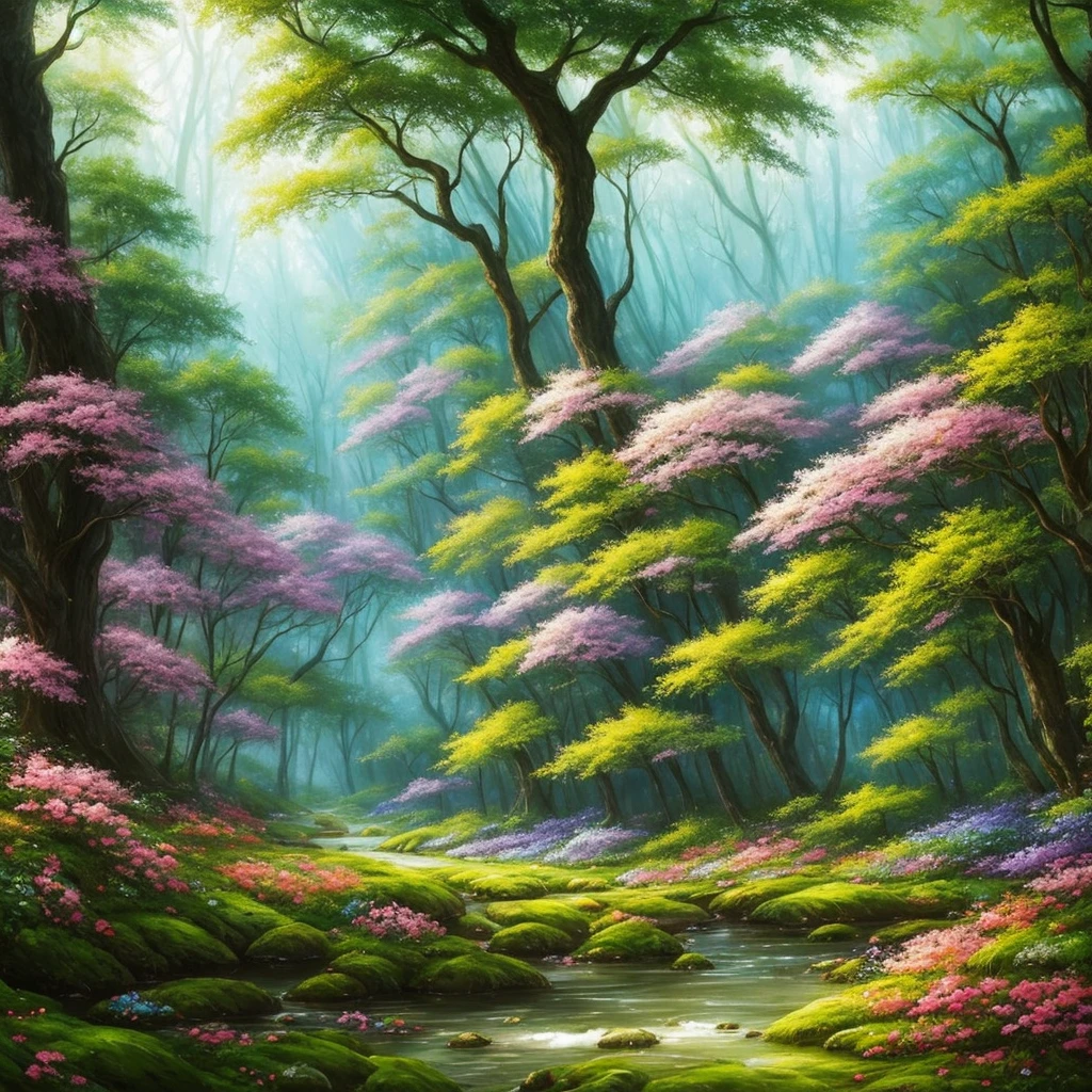 a painting of a forest with flowers and trees, concept art by Arthur Pan, trending on cgsociety, fantasy art, enchanted magical fantasy forest, magic fairy forest, magical fantasy forest, enchanted and magic forest, in a magical forest, fairytale forest, magical forest, very magical and dreamy, fairy forest, magic forest, in the magical forest, fantasy forest