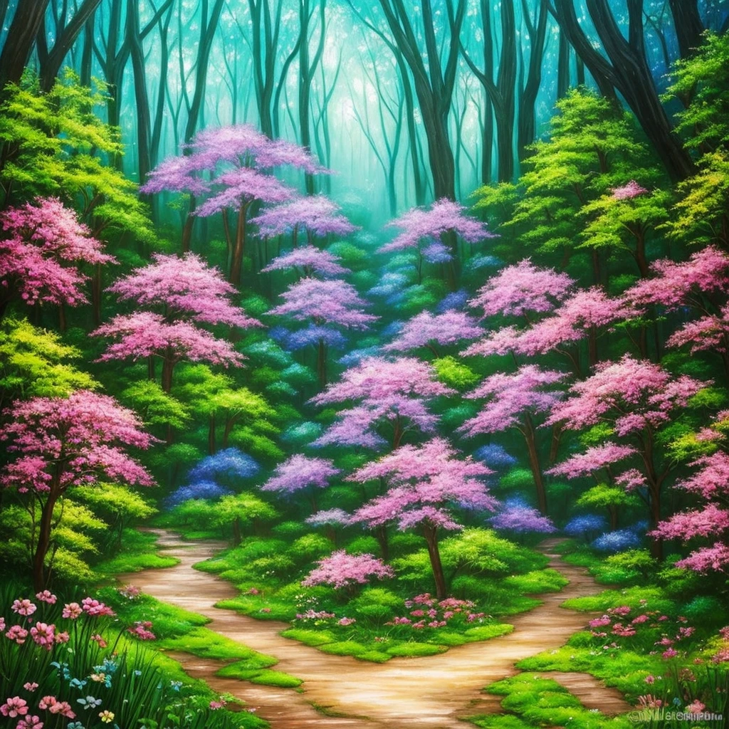 a painting of a forest with flowers and trees, enchanted magical fantasy forest, magic fairy forest, magical fantasy forest, enchanted and magic forest, in a magical forest, fairytale forest, magical forest, very magical and dreamy, fairy forest, magic forest, in the magical forest, fantasy forest, enchanted forest, magical environment, lush fairy forest, magical forest in the background