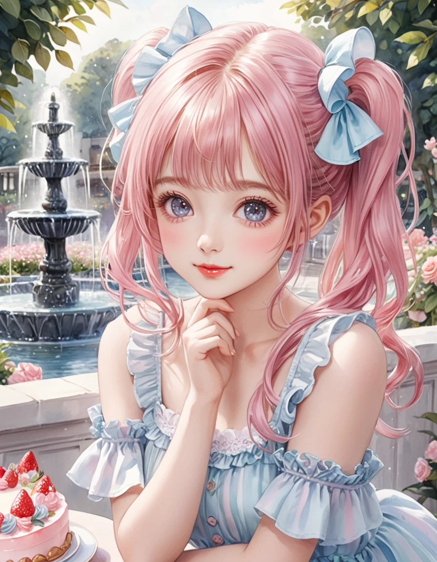 (watercolor:1.2), (close up face), best quality, masterpiece, extremely cute and tender girl, cute pose, sweet smile, (petite), beautiful tender eyes symmetrical, (beautiful and detailed face), beautiful long twintail hair, (pastel pink hair:1.3), blunt bangs, nice hands, perfect hands, (summer fountain terrace:1.3), sweet cake-inspired motif frilly sundress, a lot of frills, frilly sleeves, kawaiitech, pastel colors, kawaii, cute colors