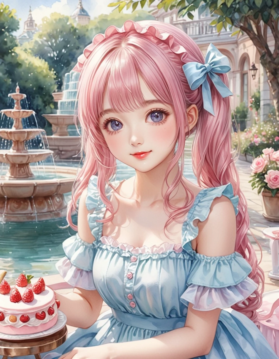 (watercolor:1.2), (close up face), best quality, masterpiece, extremely cute and tender girl, cute pose, sweet smile, (petite), beautiful tender eyes symmetrical, (beautiful and detailed face), beautiful long twintail hair, (pastel pink hair:1.3), blunt bangs, nice hands, perfect hands, (summer fountain terrace:1.3), sweet cake-inspired motif frilly sundress, a lot of frills, frilly sleeves, kawaiitech, pastel colors, kawaii, cute colors