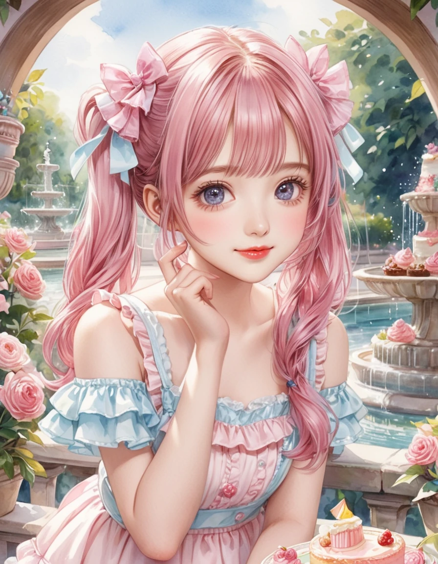 (watercolor:1.2), (close up face), best quality, masterpiece, extremely cute and tender girl, cute pose, sweet smile, (petite), beautiful tender eyes symmetrical, (beautiful and detailed face), beautiful long twintail hair, (pastel pink hair:1.3), blunt bangs, nice hands, perfect hands, (summer fountain terrace:1.3), sweet cake-inspired motif frilly sundress, a lot of frills, frilly sleeves, kawaiitech, pastel colors, kawaii, cute colors