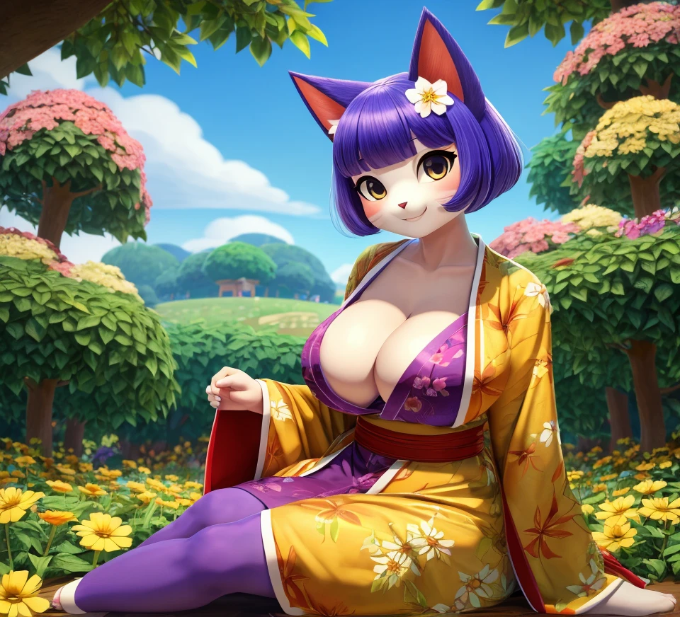 (best quality,4k,8k,highres,masterpiece:1.2),animal crossing,nature background,flower field,lush foliage,kimono,big breasts,cleavage,smiling,cat girl