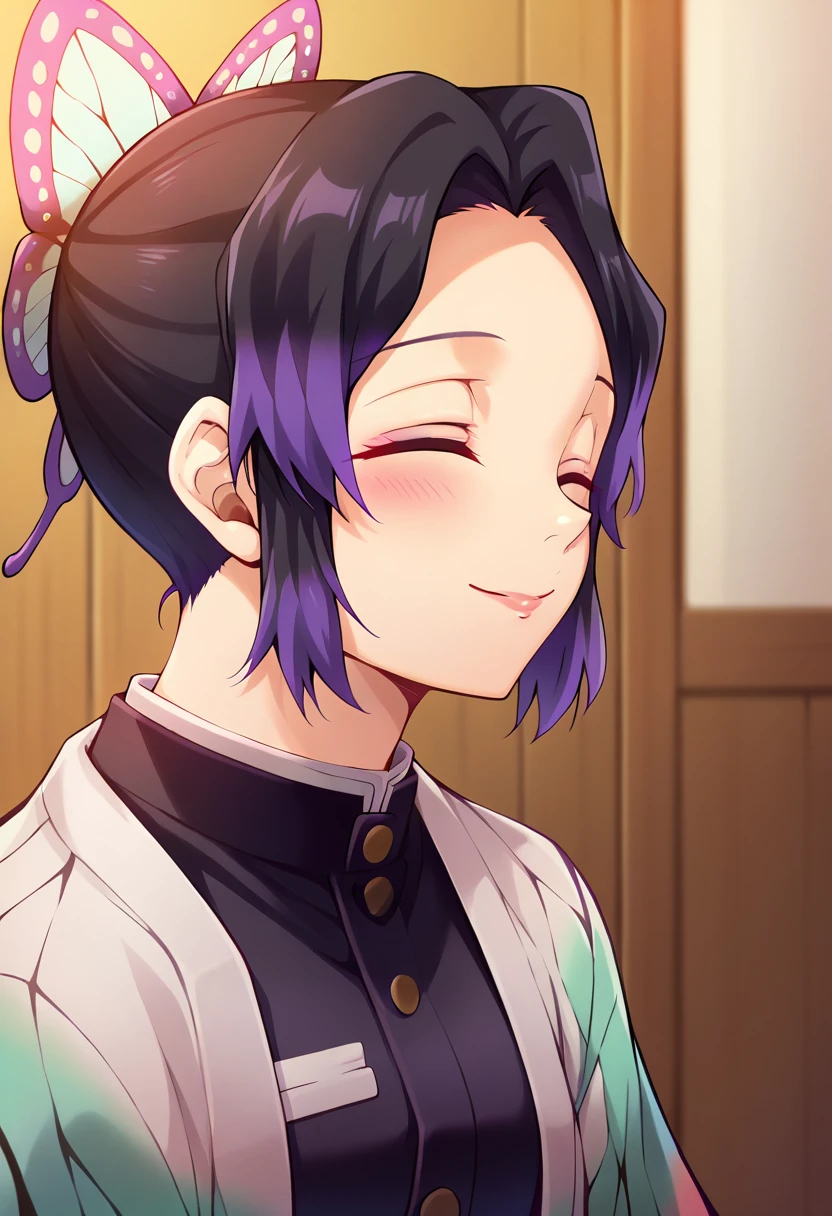 EFT_Shinobu, 1girl, demon slayer uniform, kochou shinobu, butterfly hair ornament, solo, hair ornament, purple hair, multicolored hair, black hair, , smile, haori, japanese clothes, gradient hair, short hair, jacket, bangs, parted bangs, black jacket, , room, indoors, blush, head up, looking up, neck, swallow, swallowing, closed eyes, side, on side,
