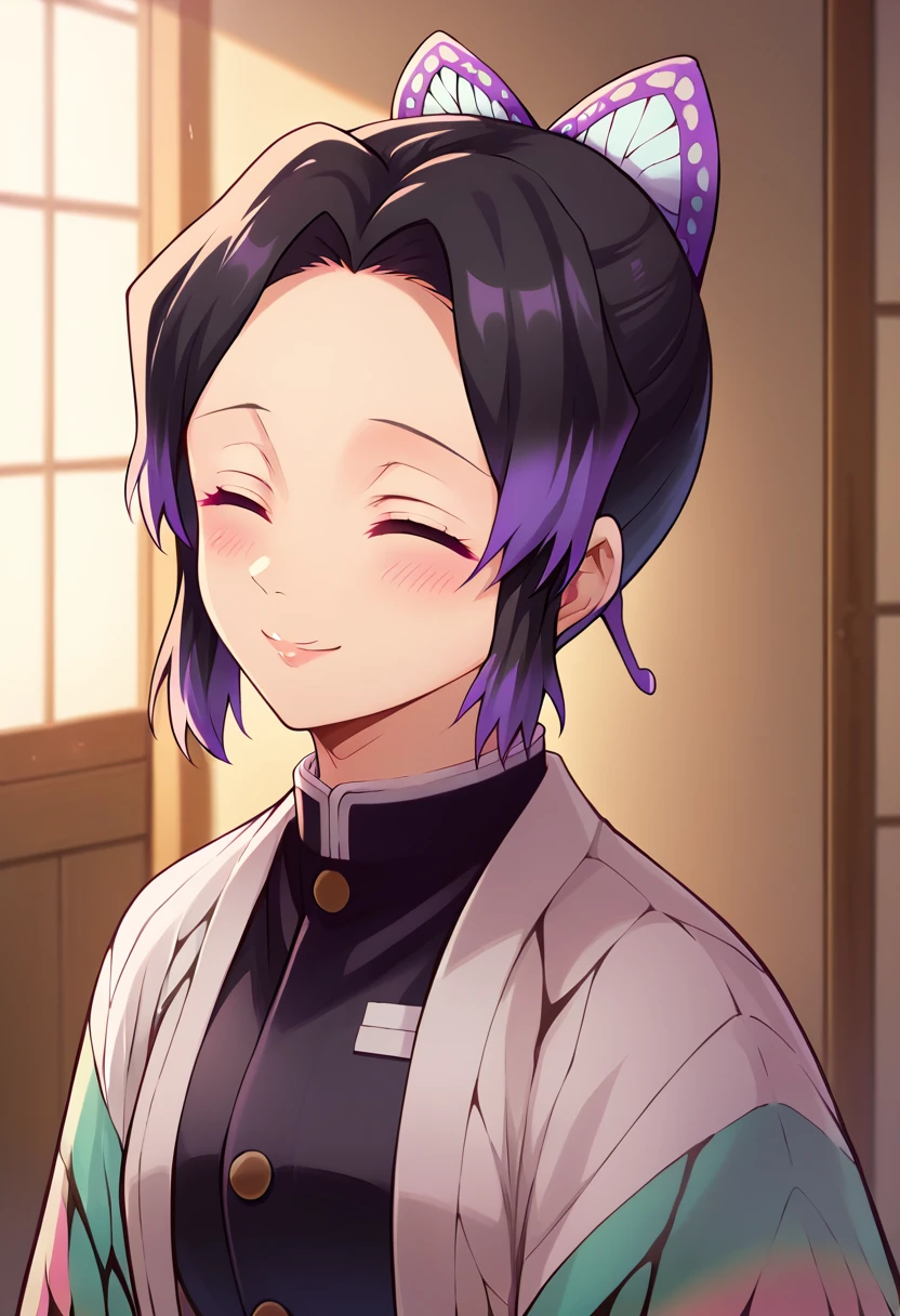 EFT_Shinobu, 1girl, demon slayer uniform, kochou shinobu, butterfly hair ornament, solo, hair ornament, purple hair, multicolored hair, black hair, , smile, haori, japanese clothes, gradient hair, short hair, jacket, bangs, parted bangs, black jacket, , room, indoors, blush, head up, looking up, neck, swallow, swallowing, closed eyes, side, on side,
