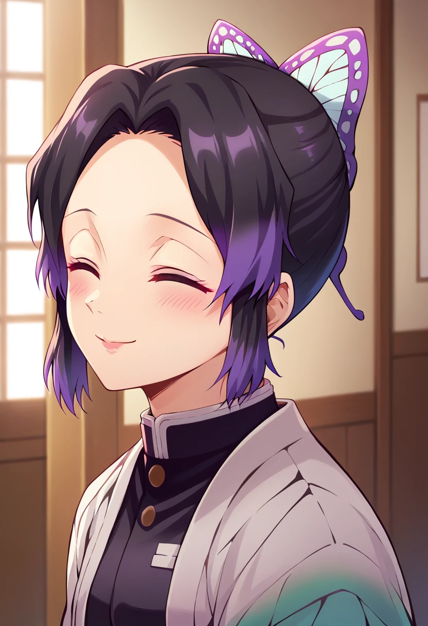 EFT_Shinobu, 1girl, demon slayer uniform, kochou shinobu, butterfly hair ornament, solo, hair ornament, purple hair, multicolored hair, black hair, , smile, haori, japanese clothes, gradient hair, short hair, jacket, bangs, parted bangs, black jacket, , room, indoors, blush, head up, looking up, neck, swallow, swallowing, closed eyes, side, on side,
