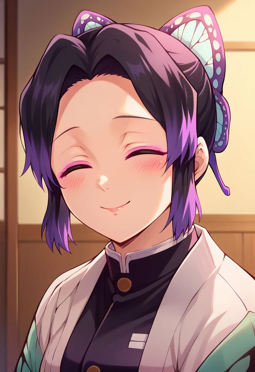 EFT_Shinobu, 1girl, demon slayer uniform, kochou shinobu, butterfly hair ornament, solo, hair ornament, purple hair, multicolored hair, black hair, , smile, haori, japanese clothes, gradient hair, short hair, jacket, bangs, parted bangs, black jacket, , room, indoors, blush, head up, looking up, neck, swallow, swallowing, closed eyes, side, on side,
