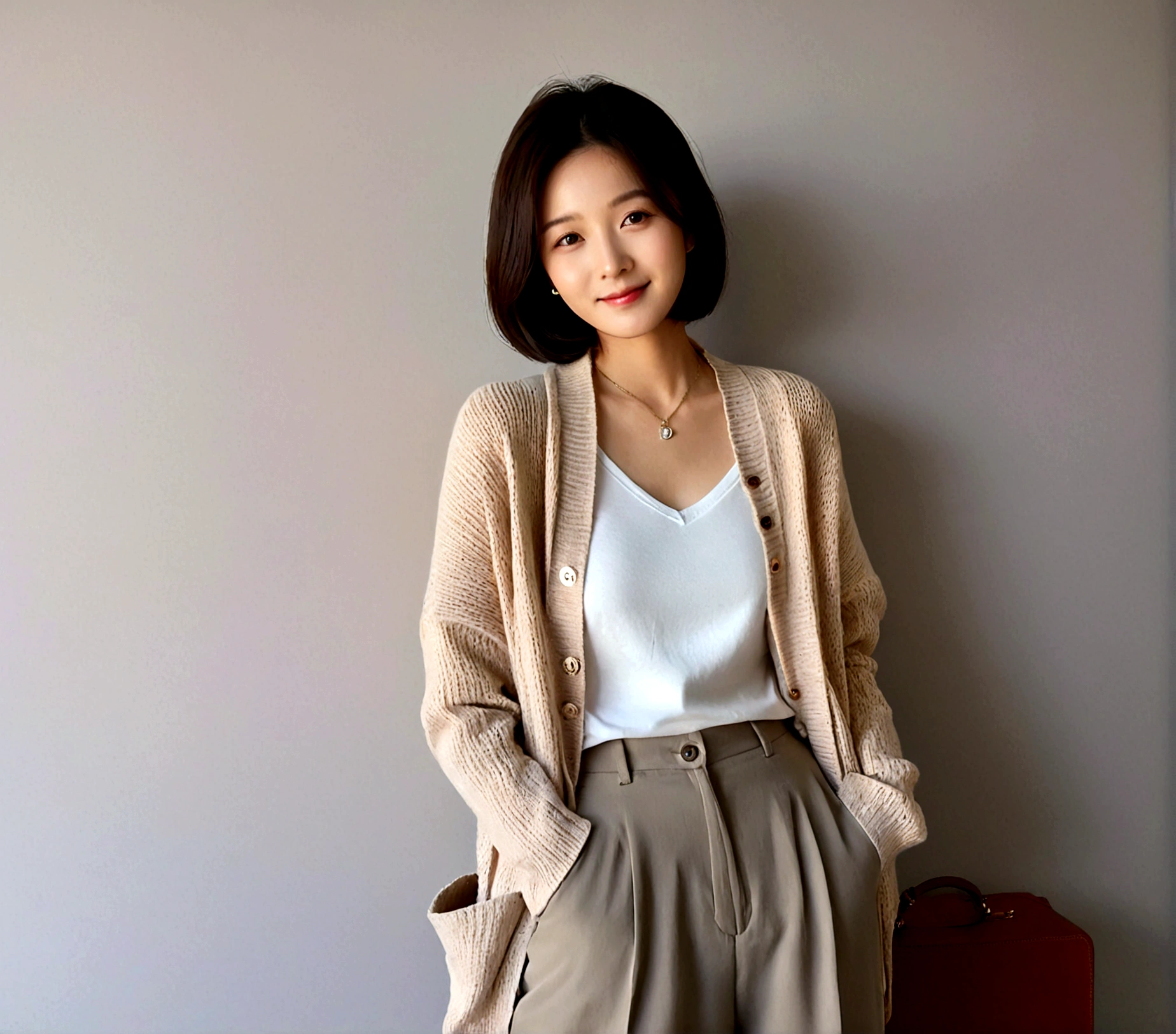 Beautiful Korean Woman , 32 inch chest size, Your eyes are big and pretty. Wearing a high-end luxury brand cardigan, casual beige pants, short medium hair, Smile, uhd