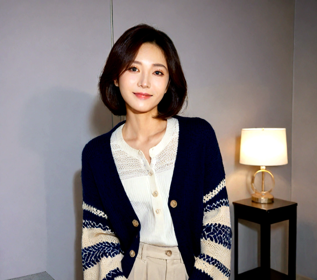 Beautiful Korean Woman , 32 inch chest size, Your eyes are big and pretty. Wearing a high-end luxury brand cardigan, casual beige pants, short medium hair, Smile, uhd