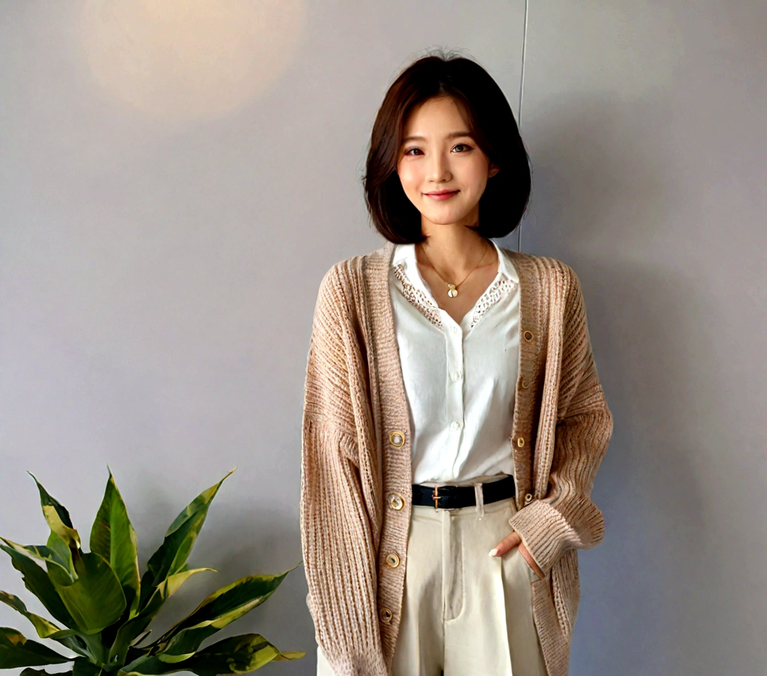 Beautiful Korean Woman , 32 inch chest size, Your eyes are big and pretty. Wearing a high-end luxury brand cardigan, casual beige pants, short medium hair, Smile, uhd