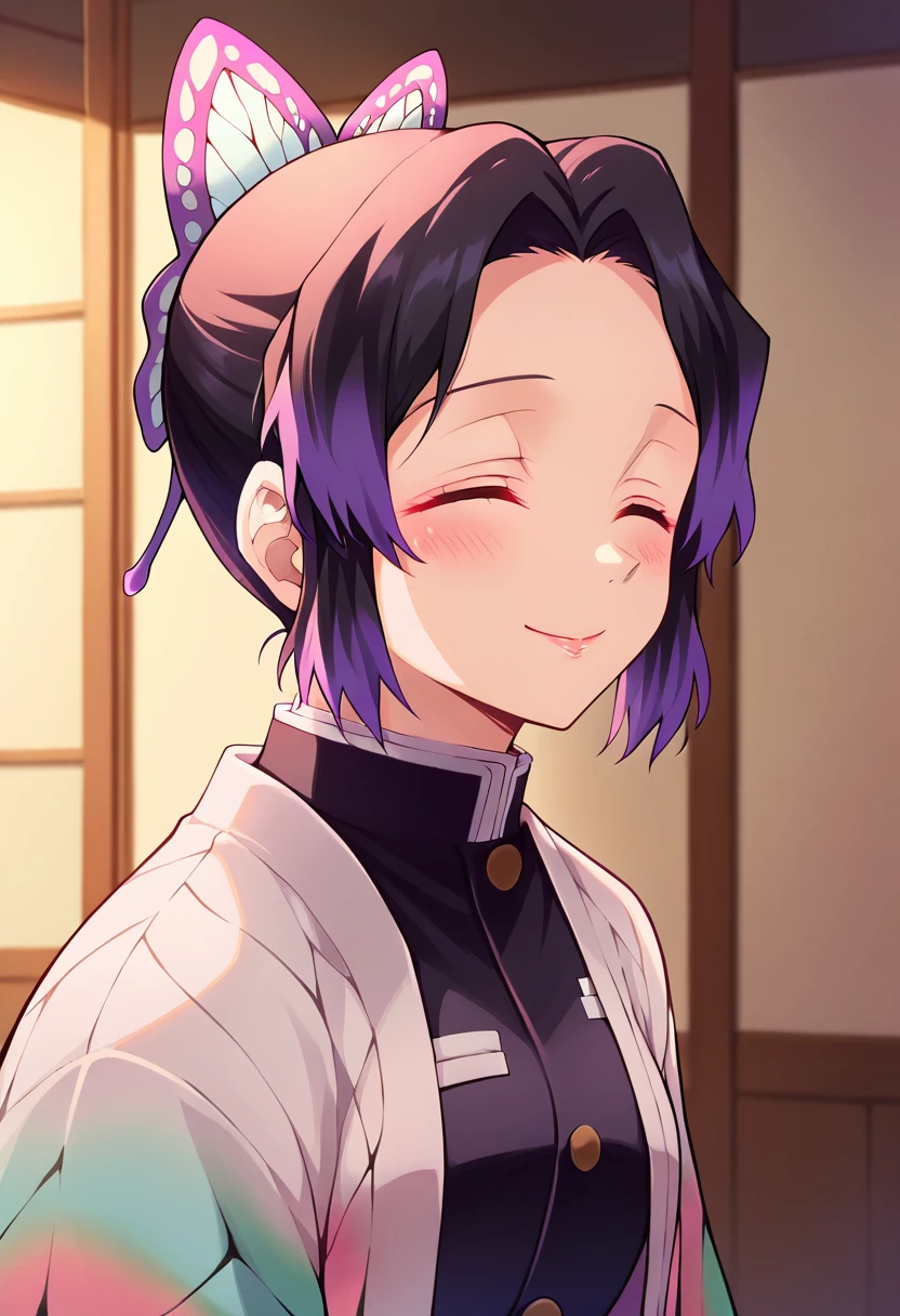 EFT_Shinobu, 1girl, demon slayer uniform, kochou shinobu, butterfly hair ornament, solo, hair ornament, purple hair, multicolored hair, black hair, , smile, haori, japanese clothes, gradient hair, short hair, jacket, bangs, parted bangs, black jacket, , room, indoors, blush, head up, looking up, neck, swallow, swallowing, closed eyes, side, on side,
