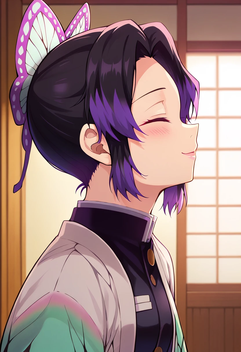 EFT_Shinobu, 1girl, demon slayer uniform, kochou shinobu, butterfly hair ornament, solo, hair ornament, purple hair, multicolored hair, black hair, , smile, haori, japanese clothes, gradient hair, short hair, jacket, bangs, parted bangs, black jacket, , room, indoors, blush, head up, looking up, neck, swallow, swallowing, closed eyes, side, on side,
