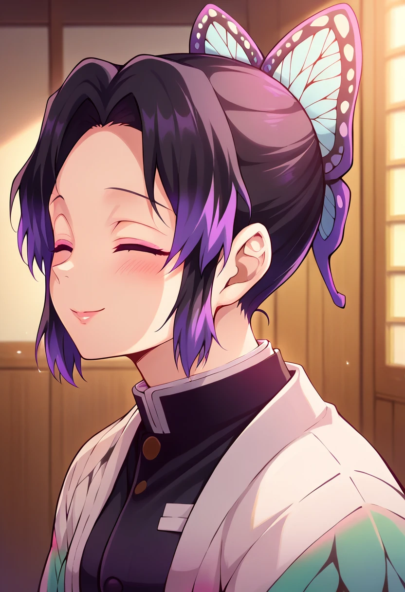 EFT_Shinobu, 1girl, demon slayer uniform, kochou shinobu, butterfly hair ornament, solo, hair ornament, purple hair, multicolored hair, black hair, , smile, haori, japanese clothes, gradient hair, short hair, jacket, bangs, parted bangs, black jacket, , room, indoors, blush, head up, looking up, neck, swallow, swallowing, closed eyes, side, on side,
