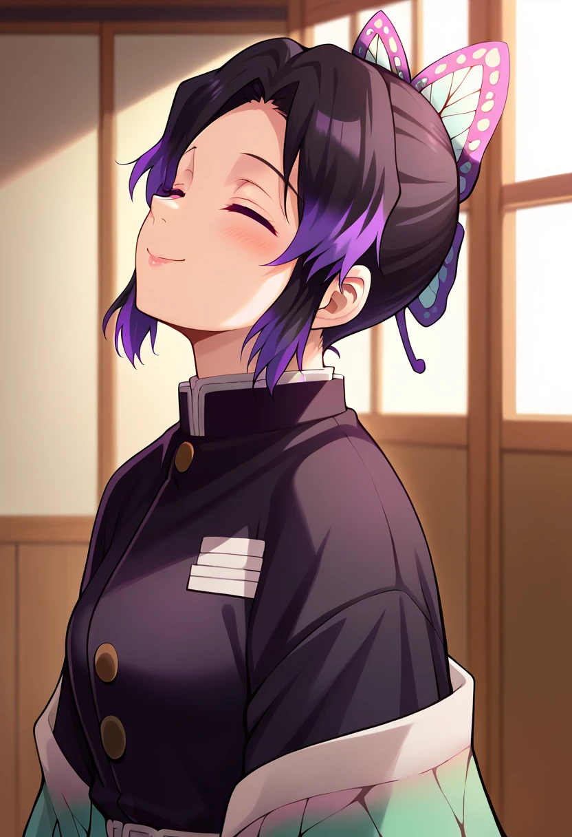 EFT_Shinobu, 1girl, demon slayer uniform, kochou shinobu, butterfly hair ornament, solo, hair ornament, purple hair, multicolored hair, black hair, , smile, haori, japanese clothes, gradient hair, short hair, jacket, bangs, parted bangs, black jacket, , room, indoors, blush, head up, looking up, neck, swallow, swallowing, closed eyes, side, on side,
