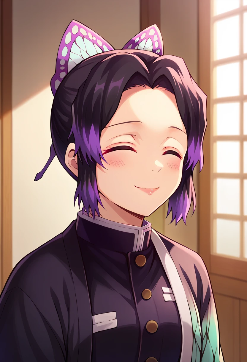 EFT_Shinobu, 1girl, demon slayer uniform, kochou shinobu, butterfly hair ornament, solo, hair ornament, purple hair, multicolored hair, black hair, , smile, haori, japanese clothes, gradient hair, short hair, jacket, bangs, parted bangs, black jacket, , room, indoors, blush, head up, looking up, neck, swallow, swallowing, closed eyes, 