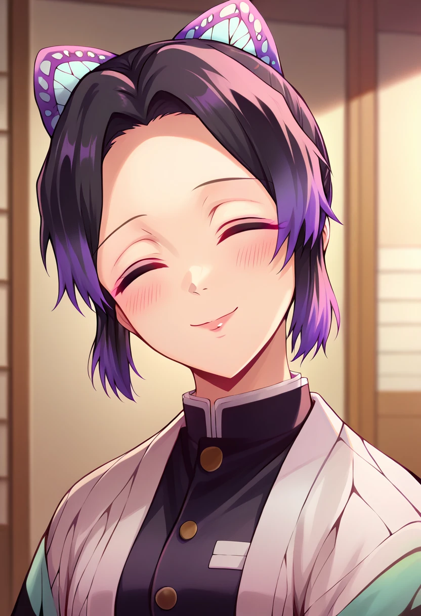 EFT_Shinobu, 1girl,  kochou shinobu, butterfly hair ornament, solo, hair ornament, purple hair, multicolored hair, black hair, smile, haori,, gradient hair,  short hair,, room, indoors, blush, open mouth, big mouth, tongue, tongue out, close up, saliva, uvula, uvula, room, mouth focus, excessive saliva, closed eyes, side, on side, looking at viewer