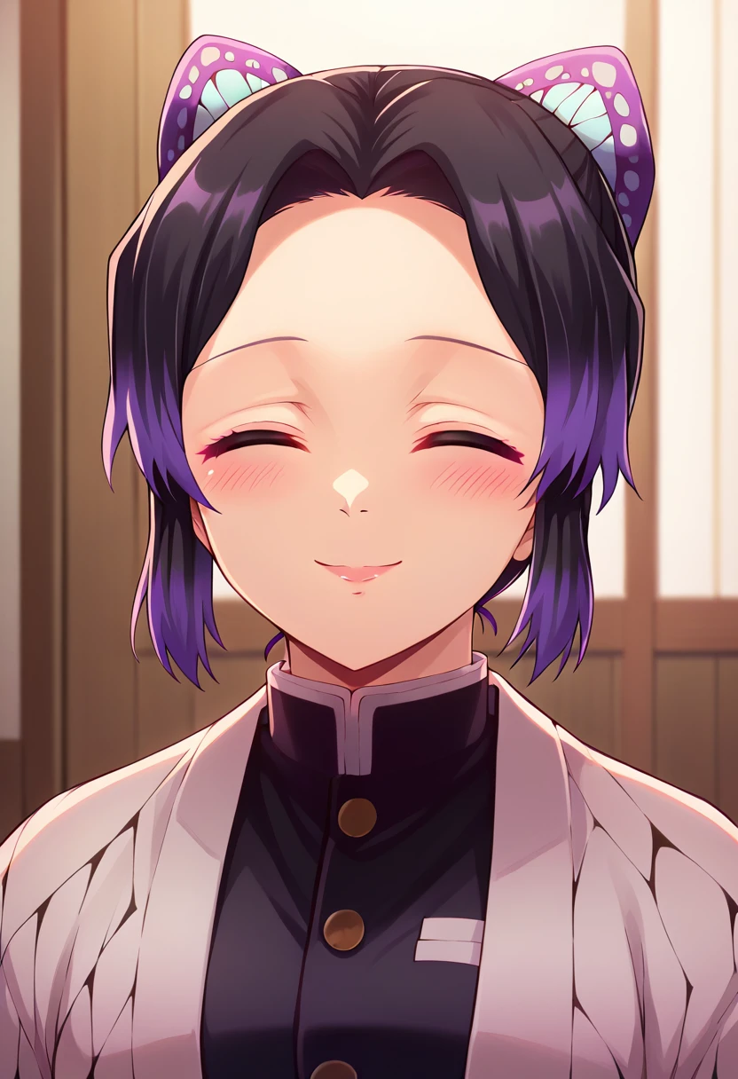 EFT_Shinobu, 1girl, demon slayer uniform, kochou shinobu, butterfly hair ornament, solo, hair ornament, purple hair, multicolored hair, black hair, , smile, haori, japanese clothes, gradient hair, short hair, jacket, bangs, parted bangs, black jacket, , room, indoors, blush, head up, looking up, neck, swallow, swallowing, closed eyes, 