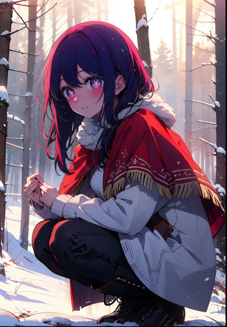 aihoshino, Ai Hoshino, Long Hair, bangs, (Purple eyes:1.1), Purple Hair, (Symbol-shaped pupil:1.5), smile,,smile,blush,White Breath,
Open your mouth,snow,Ground bonfire, Outdoor, boots, snowing, From the side, wood, suitcase, Cape, Blurred, , forest, White handbag, nature,  Squat, Mouth closed, Cape, winter, Written boundary depth, Black shoes, red Cape break looking at viewer, Upper Body, whole body, break Outdoor, forest, nature, break (masterpiece:1.2), Highest quality, High resolution, unity 8k wallpaper, (shape:0.8), (Beautiful and beautiful eyes:1.6), Highly detailed face, Perfect lighting, Highly detailed CG, (Perfect hands, Perfect Anatomy),