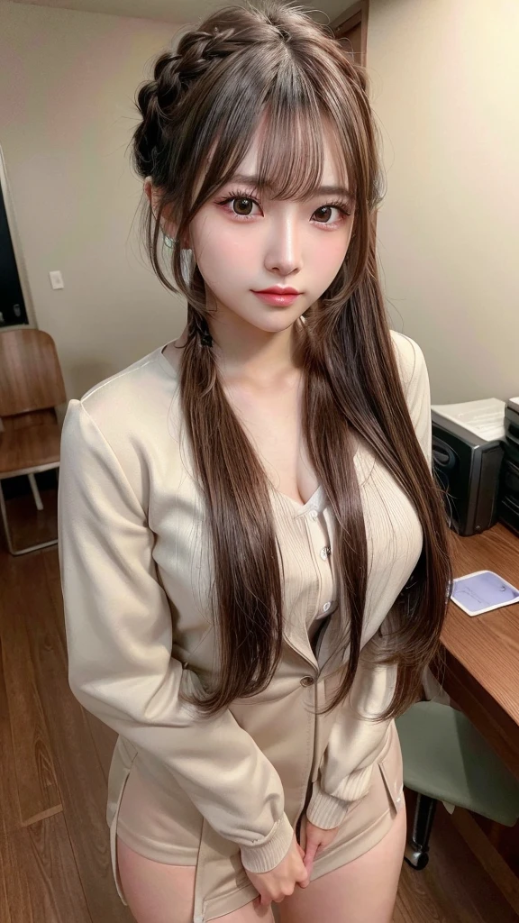 8K,Best Quality, masutepiece, ultra-detailliert, 超A high resolution, Photorealistic, Raw photo, absurderes, absolutely resolution, 1girl in, Looking at Viewer,a Japanese young pretty woman, hyper cute face, Glamorous figure, Huge breasts,Long bob hair,Smile,(School uniform:1.3),Beautiful eyes,she is changing in her room.:1.1),Glossy lips, Double eyelids in both eyes, Natural makeup, Glossy smooth light brown long bob hair, asymmetrical bangs, Shiny skin, central image, High resolution, high detailing, detailed hairstyle, Detailed face, spectacular movie lighting, Octane Rendering, Vibrant, Hyper realistic, Perfect limbs, Perfect Anatomy