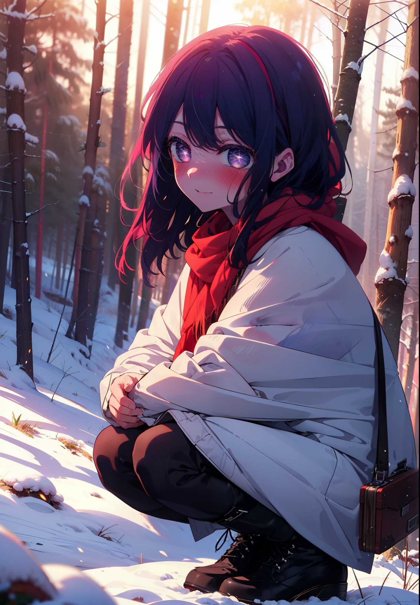 aihoshino, Ai Hoshino, Long Hair, bangs, (Purple eyes:1.1), Purple Hair, (Symbol-shaped pupil:1.5), smile,,smile,blush,White Breath,
Open your mouth,snow,Ground bonfire, Outdoor, boots, snowing, From the side, wood, suitcase, Cape, Blurred, , forest, White handbag, nature, Squat, Mouth closed, Cape, winter, Written boundary depth, Black shoes, red Cape break looking at viewer, Upper Body, whole body, break Outdoor, forest, nature, break (masterpiece:1.2), Highest quality, High resolution, unity 8k wallpaper, (shape:0.8), (Beautiful and beautiful eyes:1.6), Highly detailed face, Perfect lighting, Highly detailed CG, (Perfect hands, Perfect Anatomy),