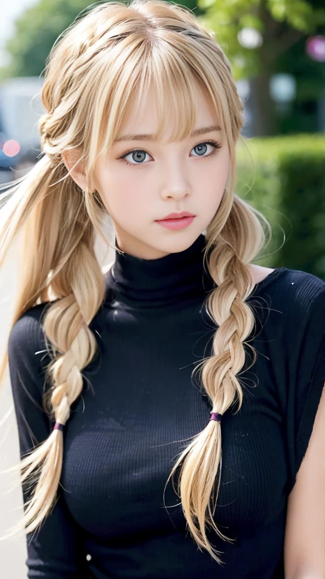 Sexy Big 、Sexy cute looks and cute beautiful girl, beautiful and sexy face、A strong wind blows my hair in front of my face、beautiful long blonde French braided hair、beautiful, Cute and sexy eyes hidden behind long bangs、Create an image of a girl with ash blonde hair featuring a side-swept fringe, two pronounced curls framing the face, and twin tails secured with red ribbons. The twin tails should be tied higher and there should be no hair falling on the shoulders.