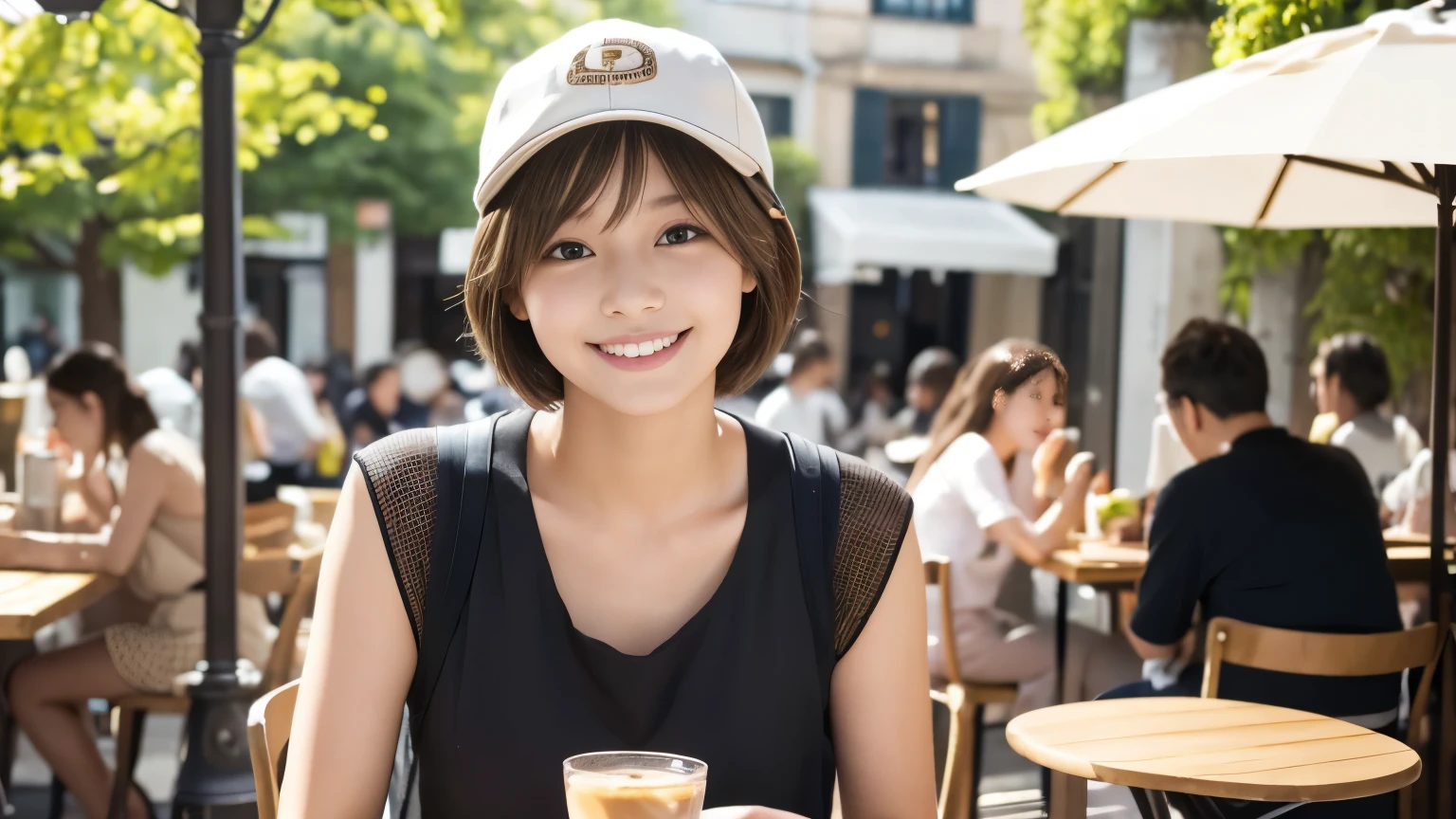 super high quality, Slenderのネックレス, Slender, Gravure photoshoot, The staff is working at the counter in the back., (8K、RAW Photos、Highest quality、masterpiece:1.2), Japanese Idol, Sportswear, Stylish café, The cafe is crowded with people enjoying themselves., (Realistic、Photorealistic:1.37), Mesh Hair, Wearing a cap, Urban Cafe, Golden Ratio, Raw photo, Cute face , Light Brown Hair, Small breasts, Bright cafe interior, Summer clothes, Cafe Terrace, Open Cafe, A kind smile, Hair blowing in the wind, Neat clothes, boyish, Very Short Hair, 18-year-old, younger sister, Stylish clothes,