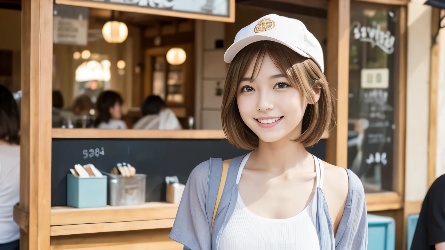 super high quality, Slenderのネックレス, Slender, Gravure photoshoot, The staff is working at the counter in the back., (8K、RAW Photos、Highest quality、masterpiece:1.2), Japanese Idol, Sportswear, Stylish café, The cafe is crowded with people enjoying themselves., (Realistic、Photorealistic:1.37), Mesh Hair, Wearing a cap, Urban Cafe, Golden Ratio, Raw photo, Cute face , Light Brown Hair, Small breasts, Bright cafe interior, Summer clothes, Cafe Terrace, Open Cafe, A kind smile, Hair blowing in the wind, Neat clothes, boyish, Very Short Hair, 18-year-old, younger sister, Stylish clothes, 


