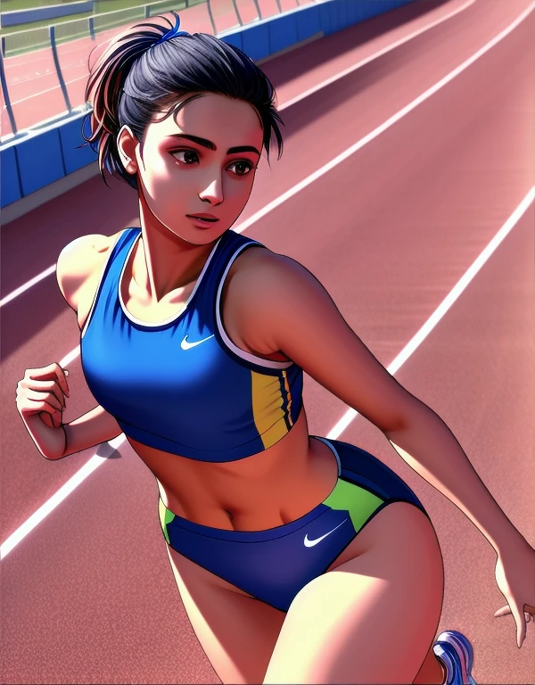 Masterpiece,best quality,high quality,ultra-realistic, Extremely detailed,vibrant colors, 1female, (Solo:1.2), beautiful 20-year-old Indian college girl, dressed in a dark blue track uniform, outside on track field, ((slim, petite)),
