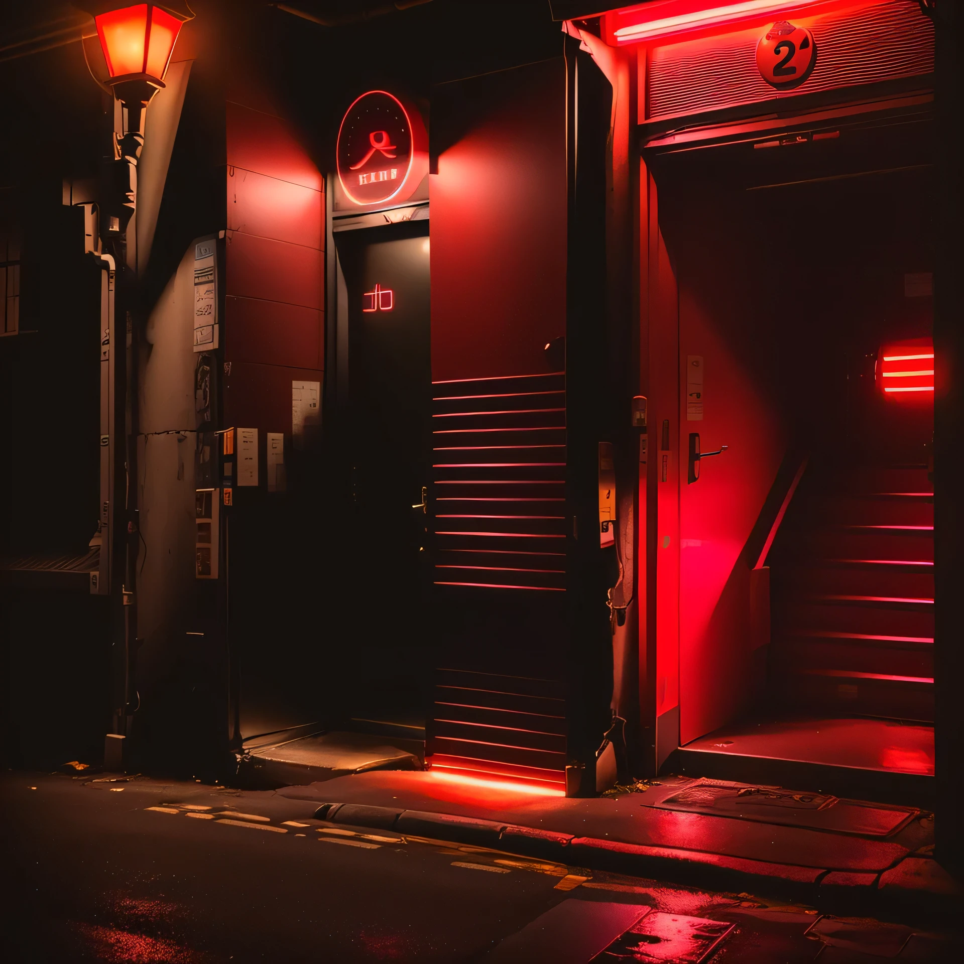 Door of a building with a scooter parked in front of it., red neon lights, red neon light, red neon, by Daniel Seghers, by Dietmar Damerau, by Jacob Toorenvliet, red and cinematic lighting, red neon lights inside it, by Matthijs Naiveu, atmospheric red lighting, by Jacob van Utrecht