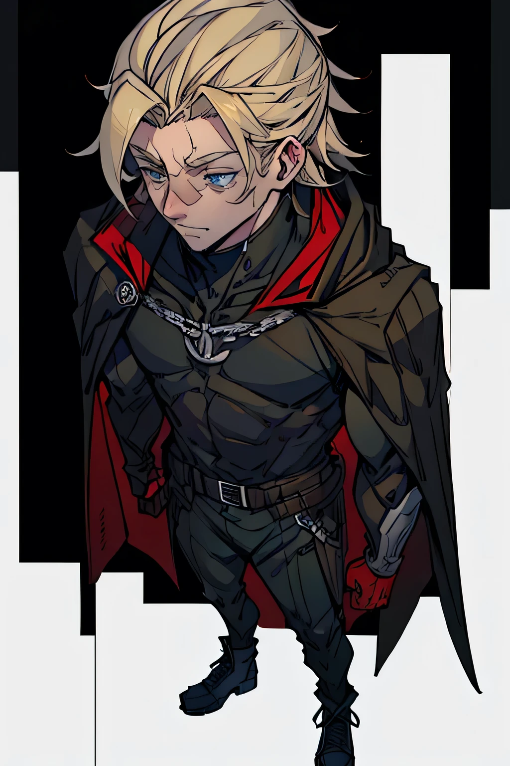 A tall man, defined body, medium blond hair combed back, blue eyes, wearing an all-black outfit, except for some red outlines and details, with a cape on the back, with the inside being red and the outside being black, homelander, homelander's clothes, full body shot, whole body