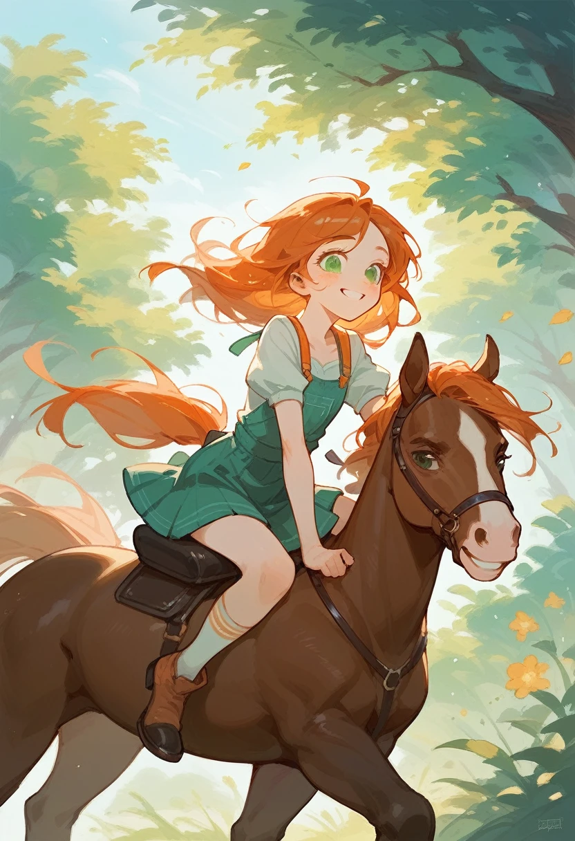 Girl riding a horse, smiling, orange hair, green eyes