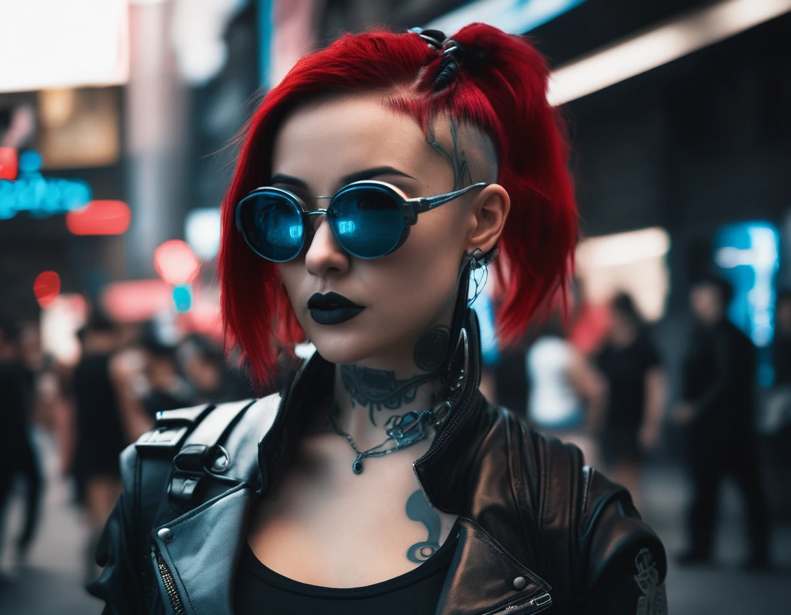 A candid portrait of a future girl, Cyberpunk urban photography , Inspired by futuristic leather fashion, tattoo and dark gothic。(Best quality,4K,8K,A high resolution,Masterpiece:1.2), (Realistic,Photorealistic,photo-realistic:1.37), monocrhomatic and red.