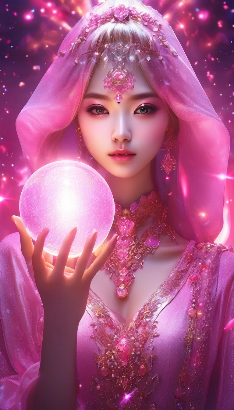 pretty girl,pink、A shining enchanting deity adorned with jewels、Holding a glowing sphere in your hand　Staring straight into the camera， in the center，Very bright color, Particles of light, The light shines, disaster, Wallpaper Art, UHD wallpaper、Background pink、Mysterious、A shining pink aura、Upper body close-up