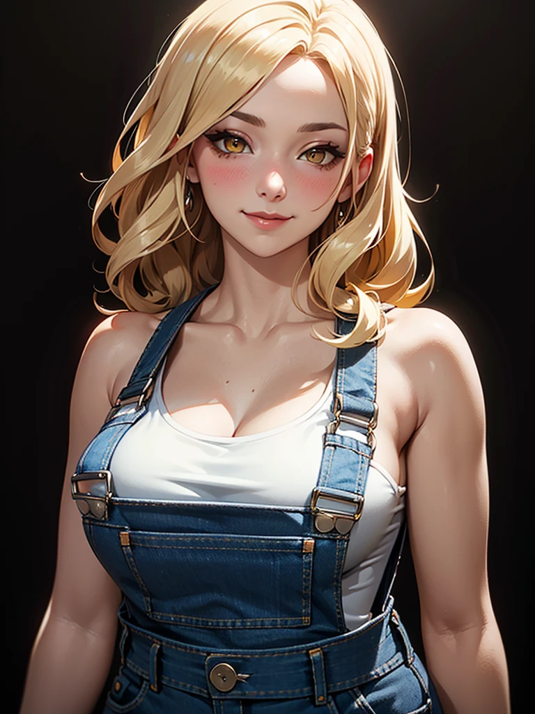 ((Portrait Photo)), She has a Gentle and Attractive Appearance, with a Slightly, Chubby Build and Fair Skin. She Expresses an Friendly and Self-Assured Look, Giving Off a Blushing Face and a Warm Smile. She has Striking Red Eyes, and Her Hair is Platinum Blonde Gradiant, styled in Loose Waves. She Wears a White V-Neck Tank Top Under Slightly Worn Denim Overalls Shorts with Frayed Edges, Emphasizing Her Huge Breasts. ((Portrait Photo, HDR, Dark Background))