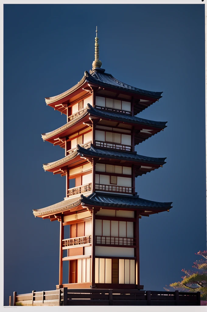 Minimalist poster desing by Gaylan, traditional Japanese pagoda at midnight