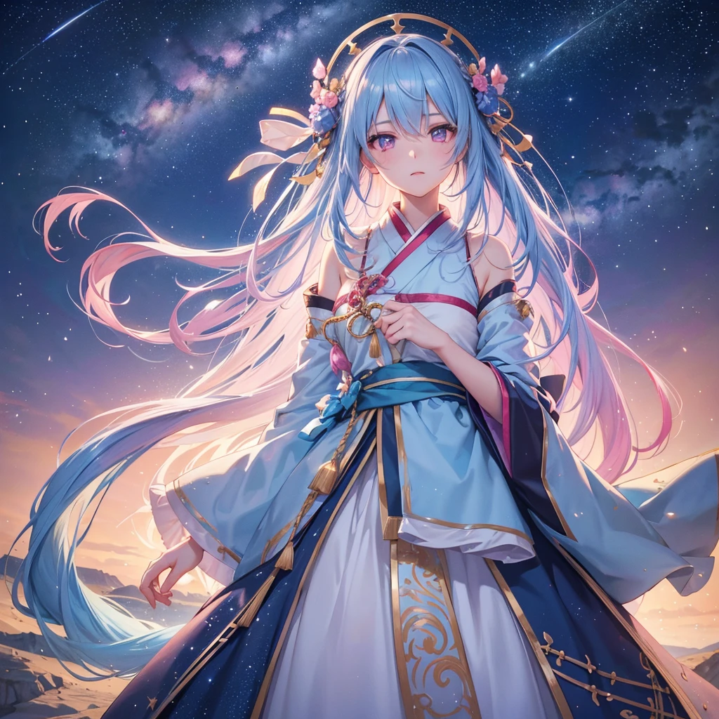 Sky blue hair,braid,(Pink Eyes),Fair skin ,(whole body),(One girl),Hanfu,Tanabata,(The beautiful, sparkling Milky Way in the night sky),Lonely Eyes,,(masterpiece, Highest quality, Very detailed, Best Shadow), (Detailed Background), (Beautifully detailed face), High Contrast, (Best lighting, Very delicate and beautiful), ((Cinematic Light)), colorful, Hyper Detail, Dramatic Light, Intricate details,