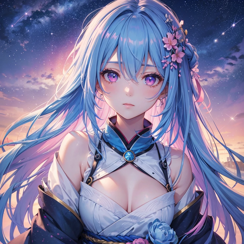 Sky blue hair,braid,(Pink Eyes),Fair skin ,(whole body),(One girl),Hanfu,Tanabata,(The beautiful, sparkling Milky Way in the night sky),Lonely Eyes,,(masterpiece, Highest quality, Very detailed, Best Shadow), (Detailed Background), (Beautifully detailed face), High Contrast, (Best lighting, Very delicate and beautiful), ((Cinematic Light)), colorful, Hyper Detail, Dramatic Light, Intricate details,