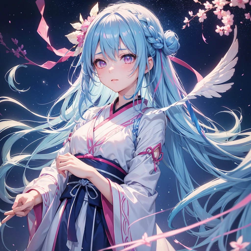 Sky blue hair,braid,(Pink Eyes),Fair skin ,(whole body),(One girl),Hanfu,Tanabata,(The beautiful, sparkling Milky Way in the night sky),Lonely Eyes,,(masterpiece, Highest quality, Very detailed, Best Shadow), (Detailed Background), (Beautifully detailed face), High Contrast, (Best lighting, Very delicate and beautiful), ((Cinematic Light)), colorful, Hyper Detail, Dramatic Light, Intricate details,