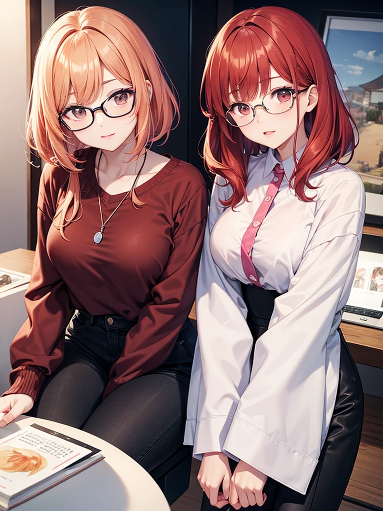 In manhwa art style young adult Korean woman 24s. Her haircut is hime cut with bangs and ginger color. Her face is oval , which carry a hopefully and cool face. Her skin is radiant and clear, and her lips is red pink. Brown color eyes are captivating and beautiful. She is wearing a black pants and blue long-sleeved and glasses blouse while inside his photographic studio 
