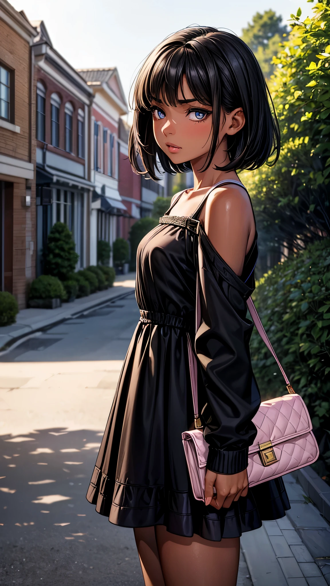 (from side2.0),beautiful detailed eyes, beautiful detailed lips, extremely detailed eyes and face, longeyelashes, 1 girl, face close up, outside the countryside,, sweat, (dark skin color),(very short black hair),displeased, sulky, ((casual fashion,casual dress,pink plaids dress,no sleeve)),(sandal),shoulder bag,best quality, 4k, 8k, highres, masterpiece:1.2, ultra-detailed, realistic, photorealistic, photo-realistic:1.37, HDR, UHD, studio lighting, ultra-fine painting, sharp focus, physically-based rendering, extreme detail description, professional, vivid colors, bokeh, portraits