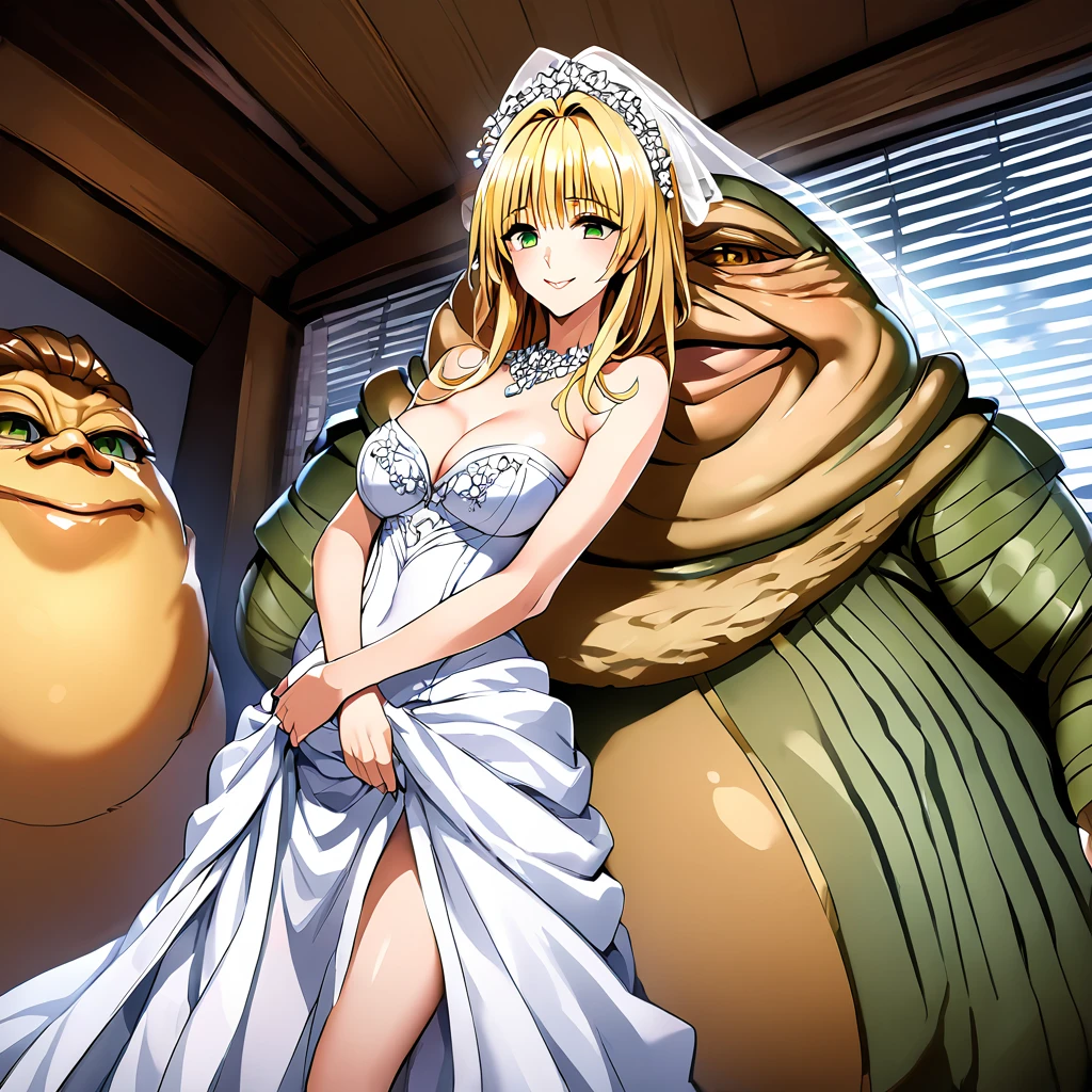 ((Highest quality)), ((masterpiece)), (detailed), (Perfect Face)、The woman is Tiare, with green eyes, medium-length blonde hair, an iron collar, and is wearing a gorgeous, jeweled vintage wedding dress and a vintage wedding veil. The woman is standing next to Jabba the Hutt at his hideout for the wedding.、Jabba the Hutt is holding a woman in his arms and having a wedding、The woman loves Jabba the Hutt and looks at him with a gentle smile.