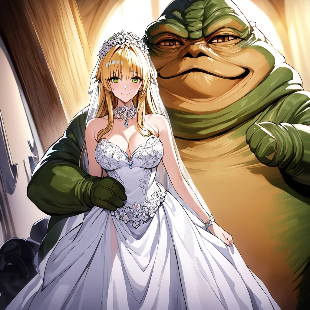 ((Highest quality)), ((masterpiece)), (detailed), （Perfect Face）、The woman is Tiare, with green eyes, medium-length blonde hair, an iron collar, and is wearing a gorgeous, jeweled vintage wedding dress and a vintage wedding veil. The woman is standing next to Jabba the Hutt at his hideout for the wedding.、Jabba the Hutt is holding a woman in his arms and having a wedding、The woman loves Jabba the Hutt and looks at him with a gentle smile.、The woman and Jabba the Hutt embrace and kiss each other in their wedding ceremony.